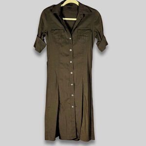 Theory Belted Midi Shirt Dress Cotton-Blend Twill Linen Button Front Brown W 4